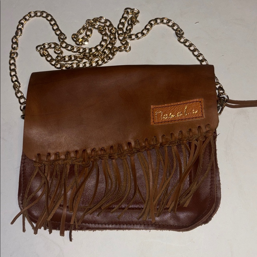 MAMA LU BRAND DARK TAN LEATHER CROSSBODY 2 VELCRO LEATHER FRONT PANELS GORGEOUS